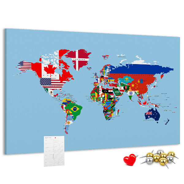 Nástěnka Mapa světa s vlajkami zemí