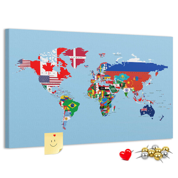 Nástěnka Mapa světa s vlajkami zemí