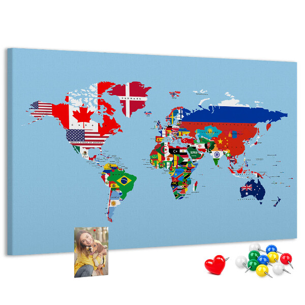 Nástěnka Mapa světa s vlajkami zemí