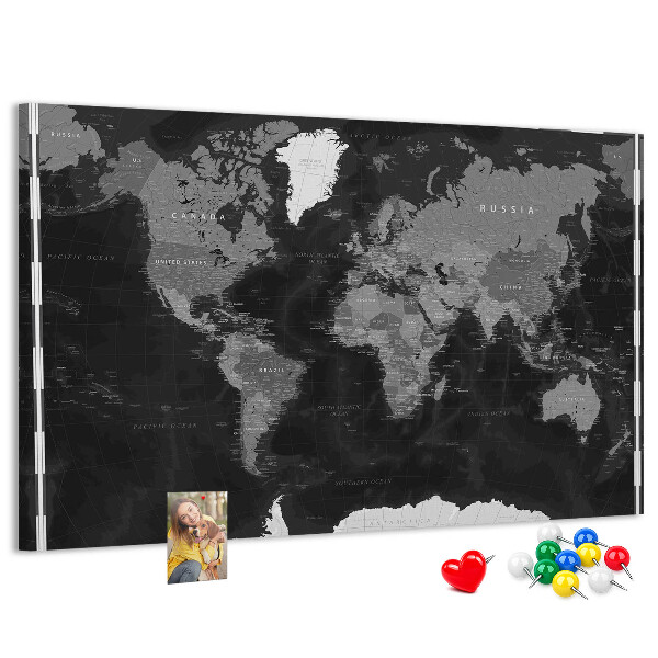 Korková nástěnka Černá mapa světa s obrysy zemí