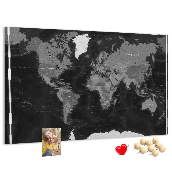 Korková nástěnka Černá mapa světa s obrysy zemí