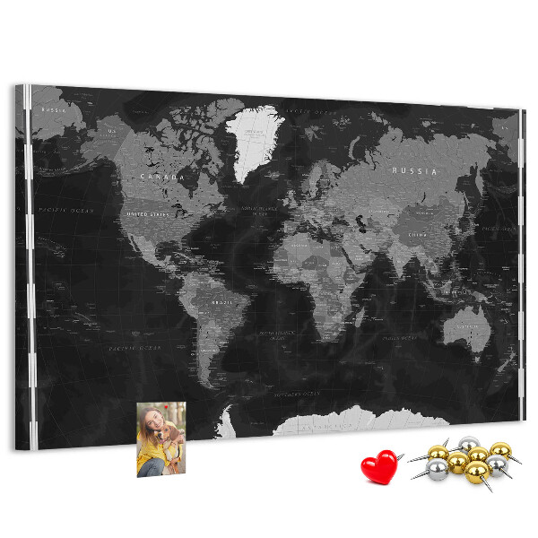 Korková nástěnka Černá mapa světa s obrysy zemí