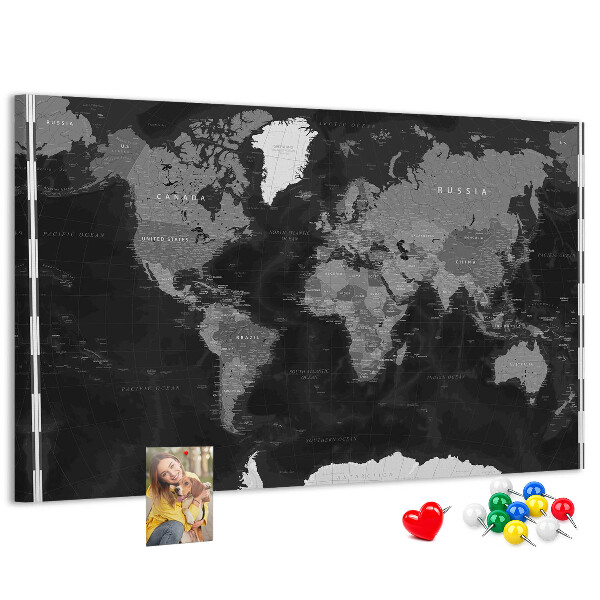 Korková nástěnka Černá mapa světa s obrysy zemí
