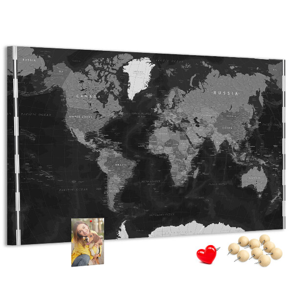 Korková nástěnka Černá mapa světa s obrysy zemí