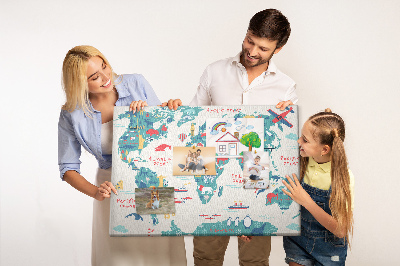 Korková nástěnka Barevná mapa světa s ikonami zvířat