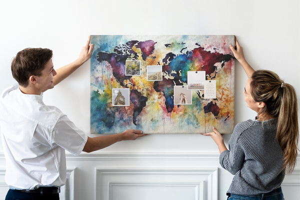 Korková nástěnka Barevná mapa světa ve stylu akvarelu