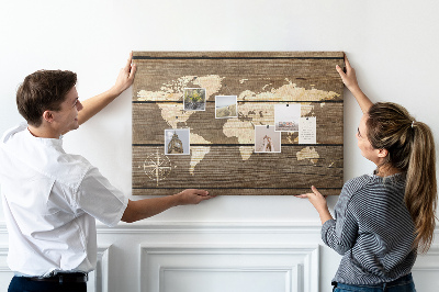 Korková nástěnka Mapa světa na pozadí dřevěných desek