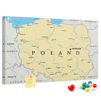Korková nástěnka Mapa Polska s vyznačenou Varšavou