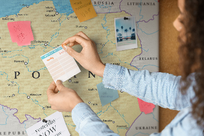 Korková nástěnka Mapa Polska s vyznačenou Varšavou