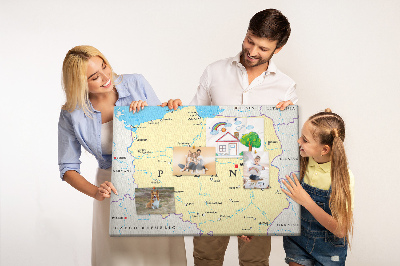 Korková nástěnka Mapa Polska s vyznačenou Varšavou