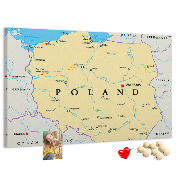 Korková nástěnka Mapa Polska s vyznačenou Varšavou
