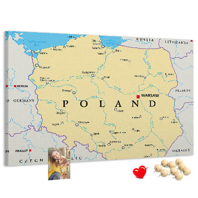Korková nástěnka Mapa Polska s vyznačenou Varšavou