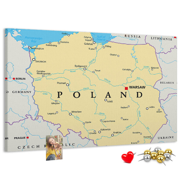 Korková nástěnka Mapa Polska s vyznačenou Varšavou