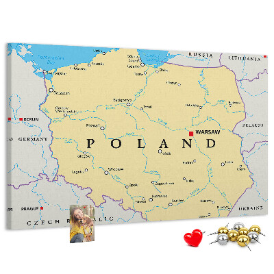 Korková nástěnka Mapa Polska s vyznačenou Varšavou