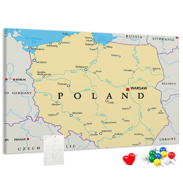 Korková nástěnka Mapa Polska s vyznačenou Varšavou