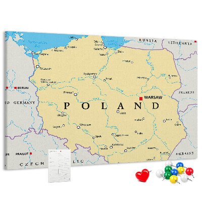 Korková nástěnka Mapa Polska s vyznačenou Varšavou