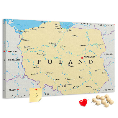 Korková nástěnka Mapa Polska s vyznačenou Varšavou