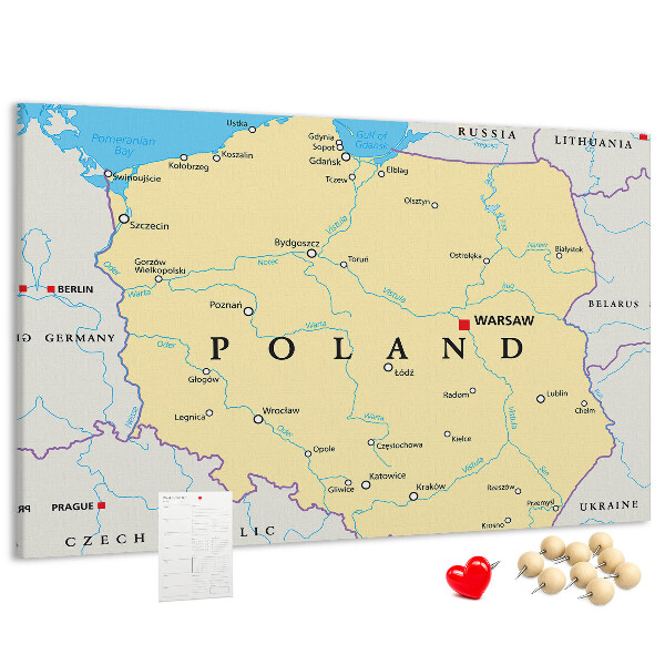 Korková nástěnka Mapa Polska s vyznačenou Varšavou