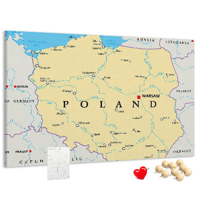 Korková nástěnka Mapa Polska s vyznačenou Varšavou