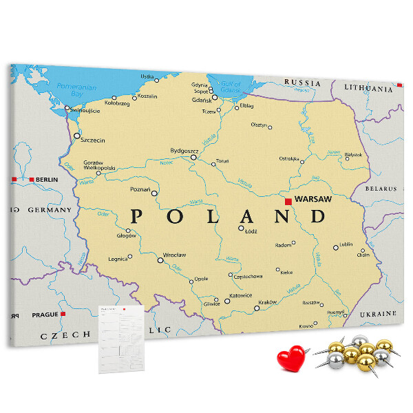Korková nástěnka Mapa Polska s vyznačenou Varšavou