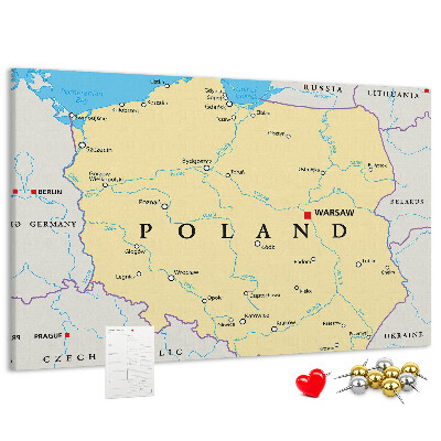 Korková nástěnka Mapa Polska s vyznačenou Varšavou