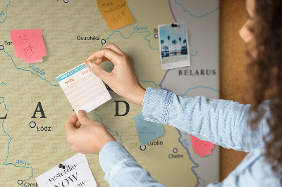 Korková nástěnka Mapa Polska s vyznačenou Varšavou