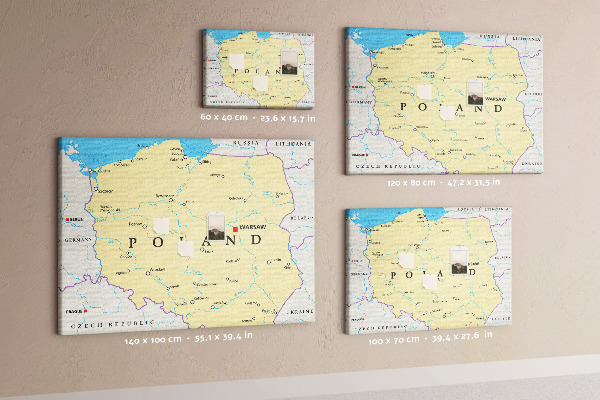 Korková nástěnka Mapa Polska s vyznačenou Varšavou
