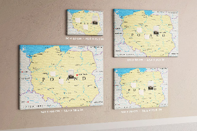 Korková nástěnka Mapa Polska s vyznačenou Varšavou