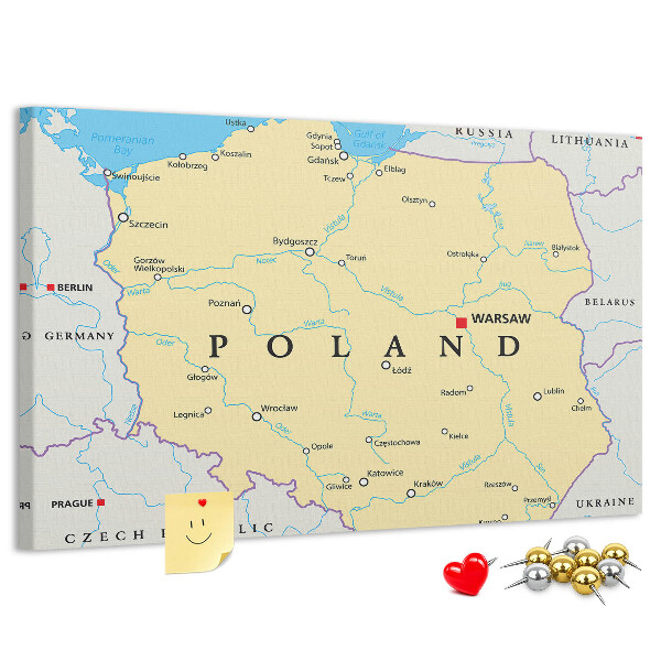 Korková nástěnka Mapa Polska s vyznačenou Varšavou