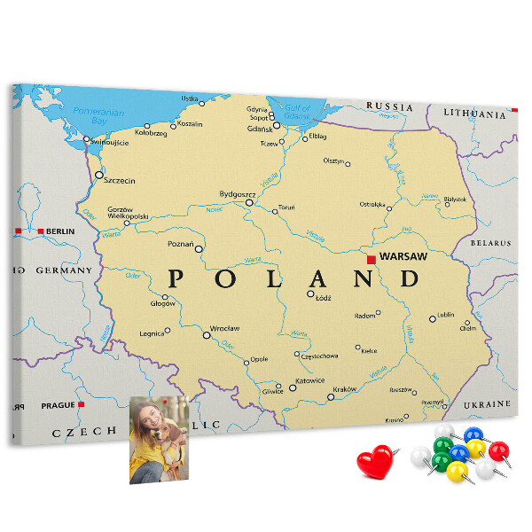 Korková nástěnka Mapa Polska s vyznačenou Varšavou