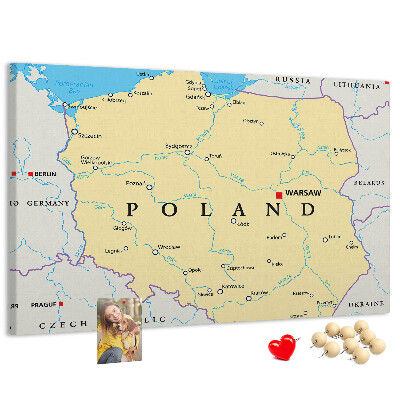 Korková nástěnka Mapa Polska s vyznačenou Varšavou