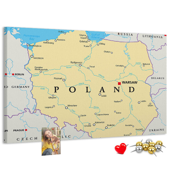 Korková nástěnka Mapa Polska s vyznačenou Varšavou