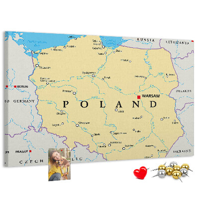 Korková nástěnka Mapa Polska s vyznačenou Varšavou