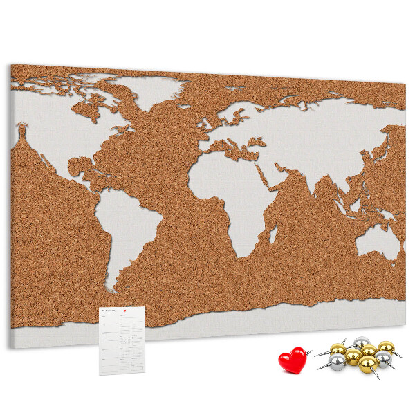 Nástěnka Mapa světa z korku připnutá na špendlík.