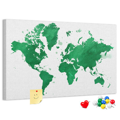Korková nástěnka Zelená akvarelová mapa světa