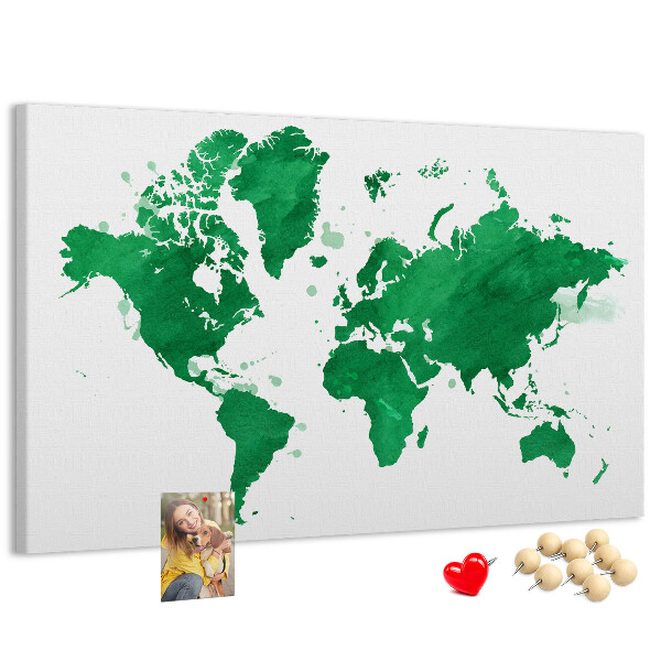 Korková nástěnka Zelená akvarelová mapa světa