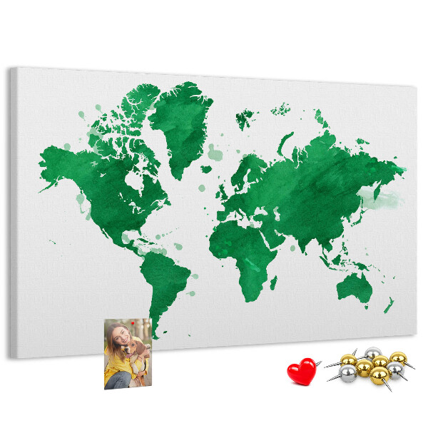 Korková nástěnka Zelená akvarelová mapa světa