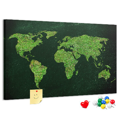 Korková nástěnka Zelená mapa světa se silniční sítí