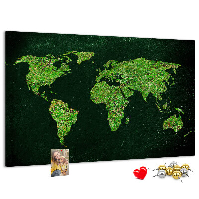 Korková nástěnka Zelená mapa světa se silniční sítí
