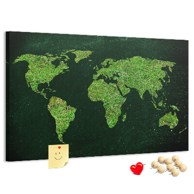 Korková nástěnka Zelená mapa světa se silniční sítí