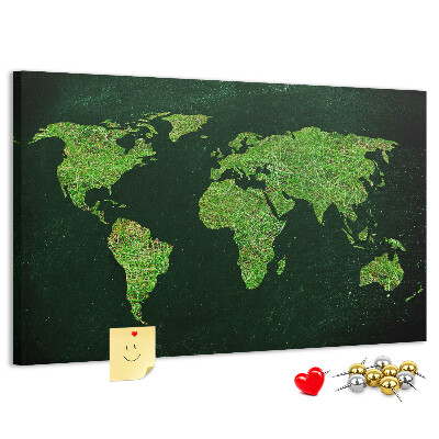 Korková nástěnka Zelená mapa světa se silniční sítí