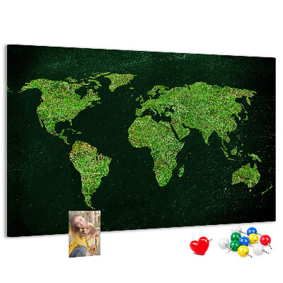 Korková nástěnka Zelená mapa světa se silniční sítí