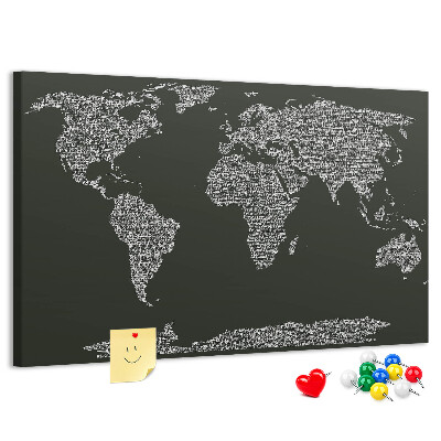 Korková nástěnka Mapa světa v textové podobě.