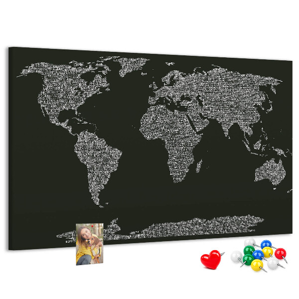 Korková nástěnka Mapa světa v textové podobě.