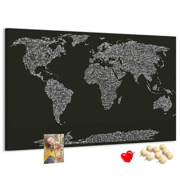 Korková nástěnka Mapa světa v textové podobě.