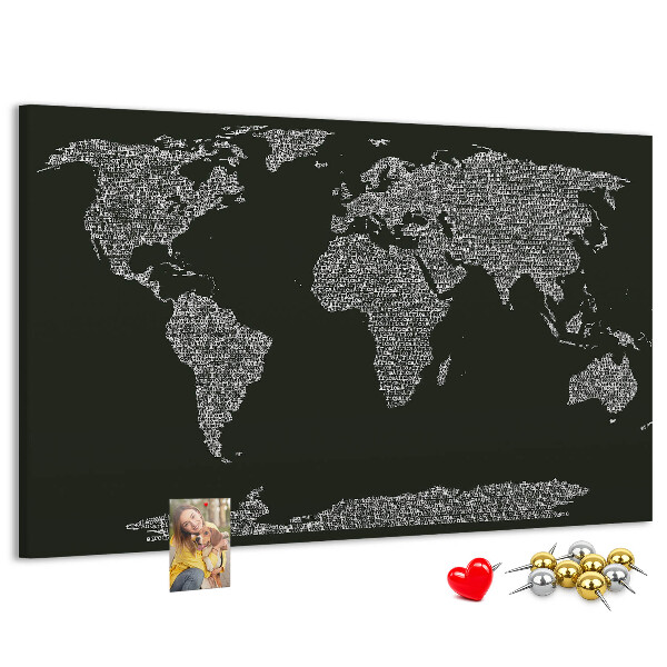 Korková nástěnka Mapa světa v textové podobě.