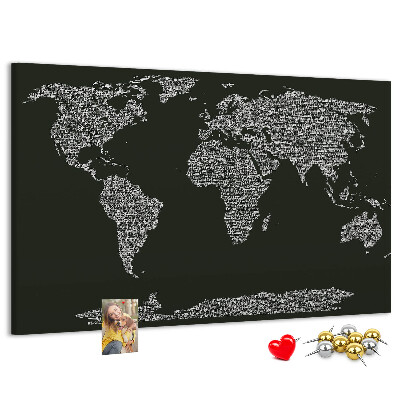 Korková nástěnka Mapa světa v textové podobě.