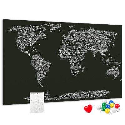 Korková nástěnka Mapa světa v textové podobě.