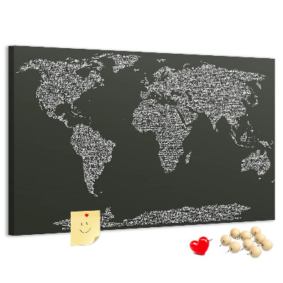 Korková nástěnka Mapa světa v textové podobě.