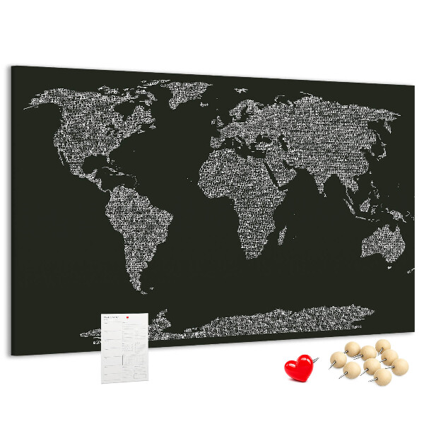 Korková nástěnka Mapa světa v textové podobě.